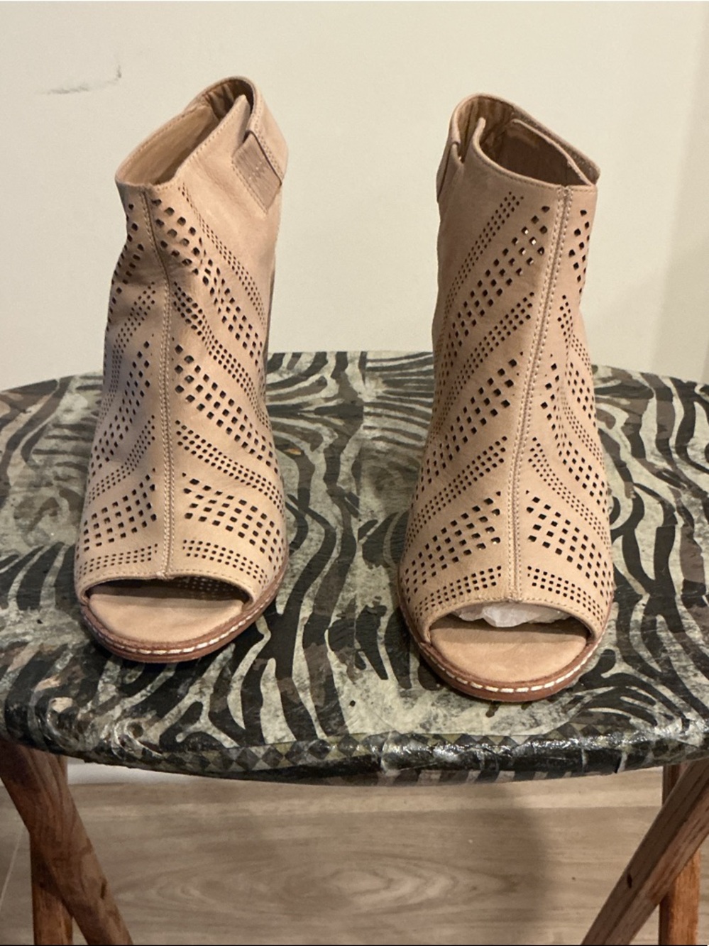Gianni Bini Beige Perforated Peep-Toe Ankle Booties